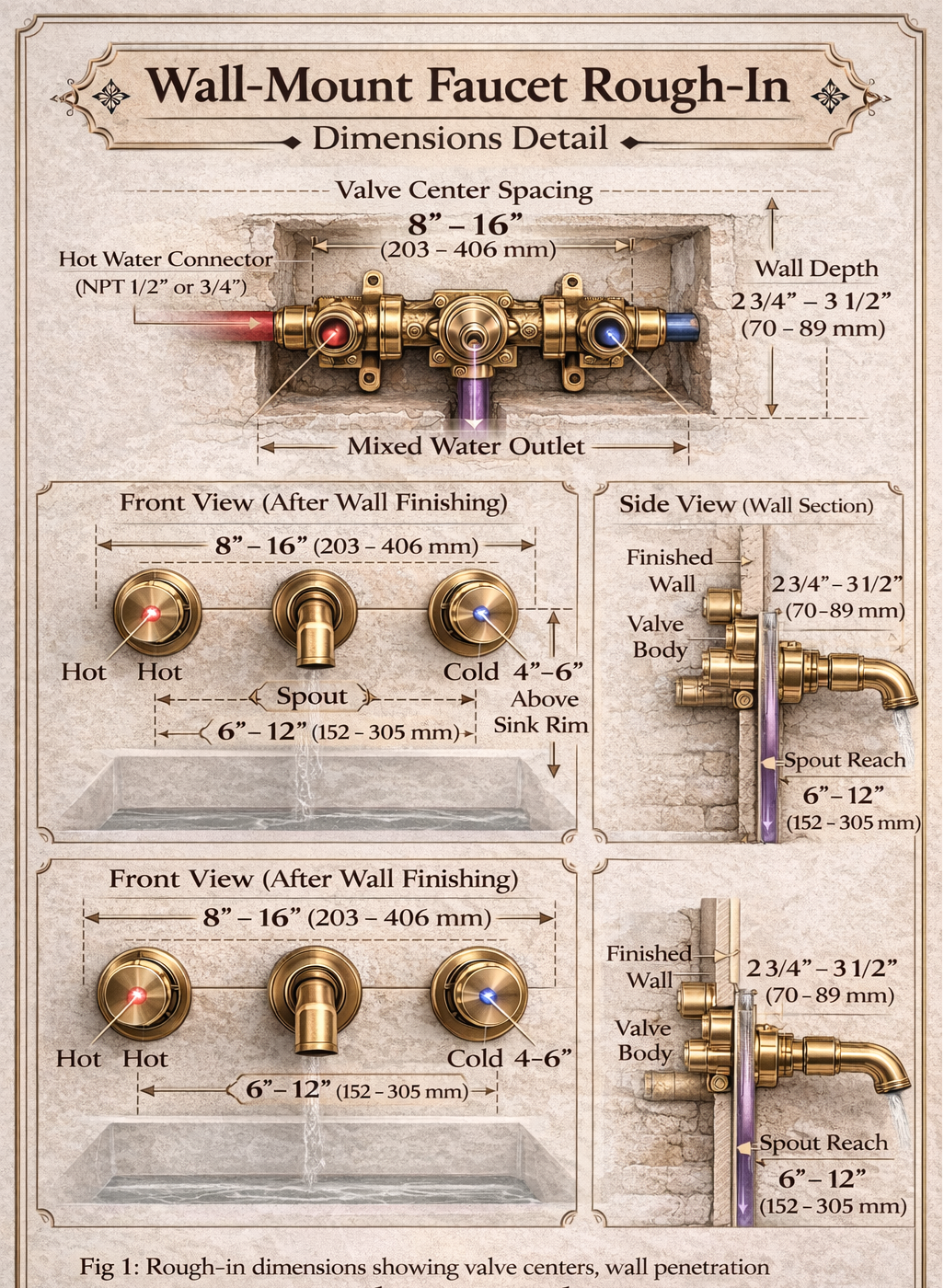 Wall-mount faucet rough-in dimensions detail